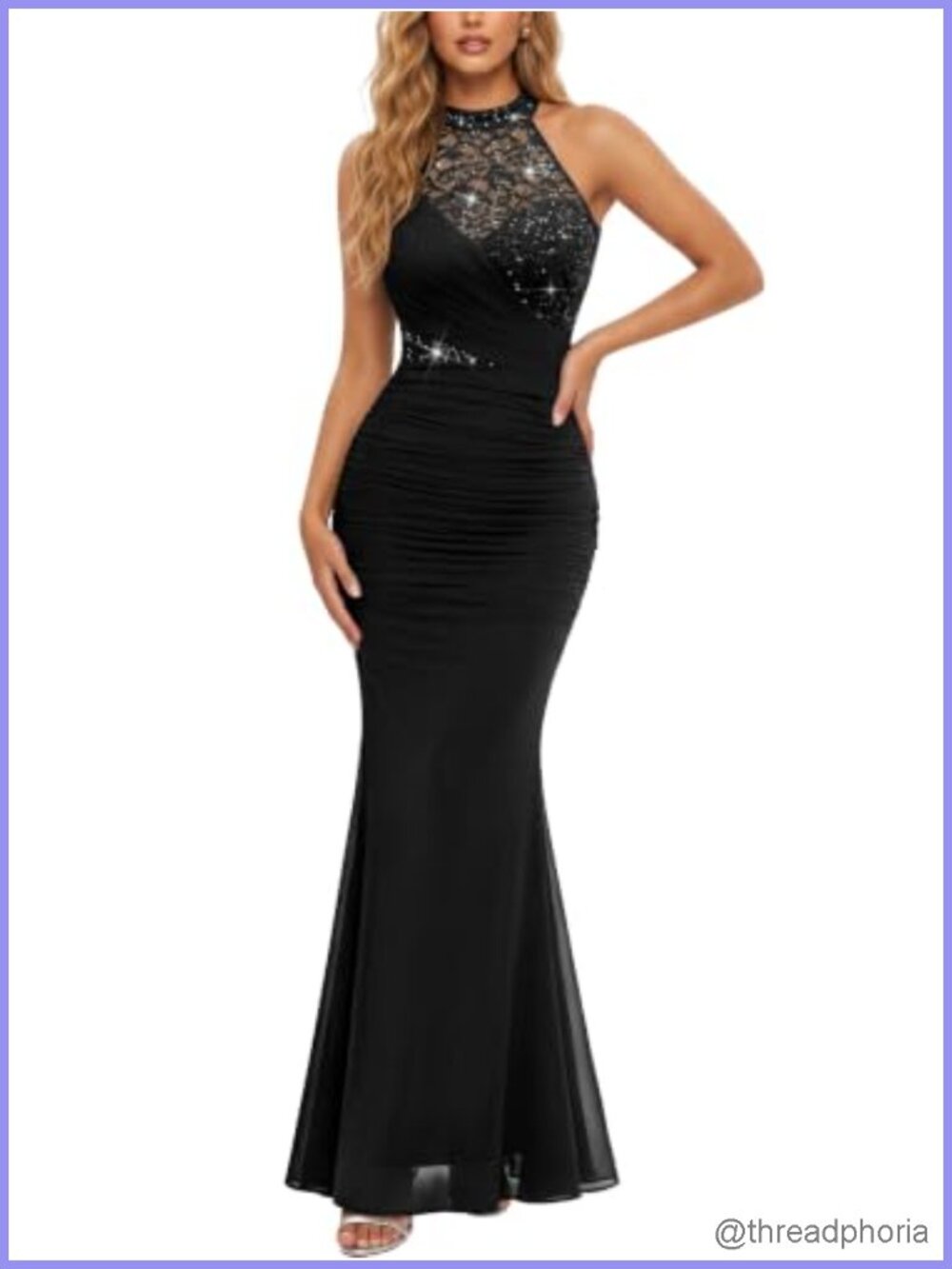 Miusol Halter Neck Sequins Lace Mesh Ruched Formal Evening Maxi Dress